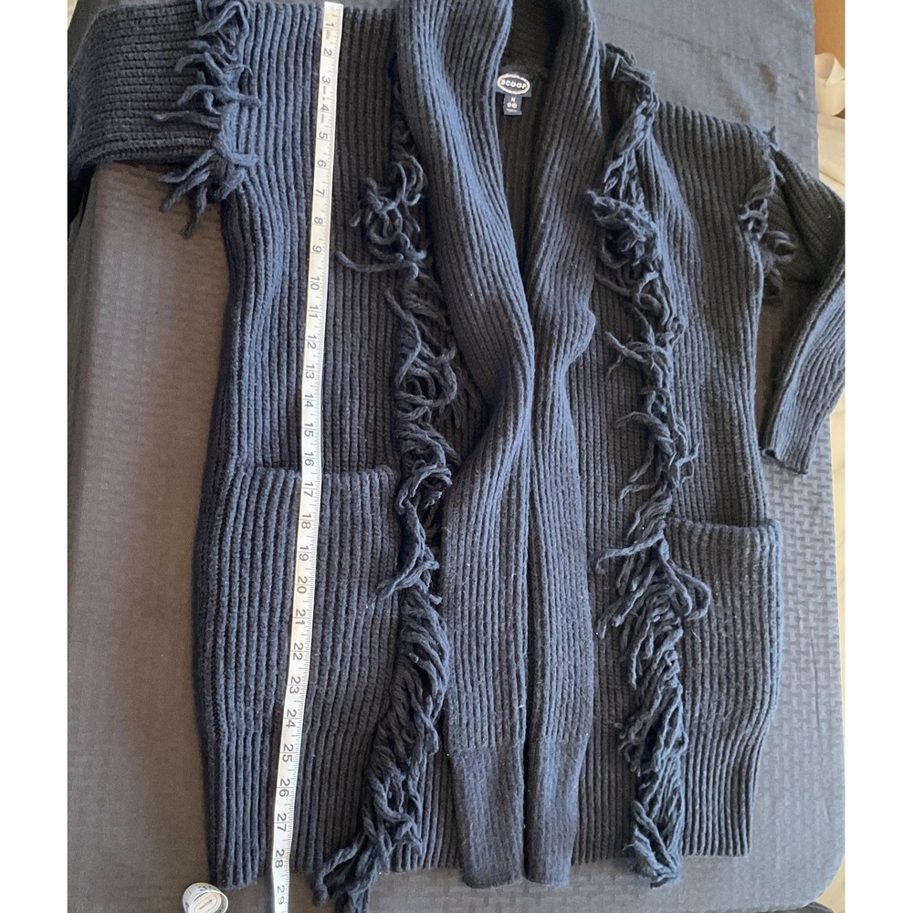 Scoop Cardigan Womens Medium Black Fringe Open Front Ribbed Knit Sweater Pockets - Picture 8 of 11